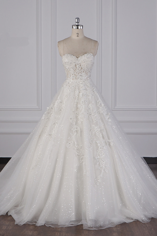 BMbridal Elegant Strapless Tulle Lace Wedding Dress Sweetheart Appliques Sequined Bridal Gowns On Sale-BMbridal