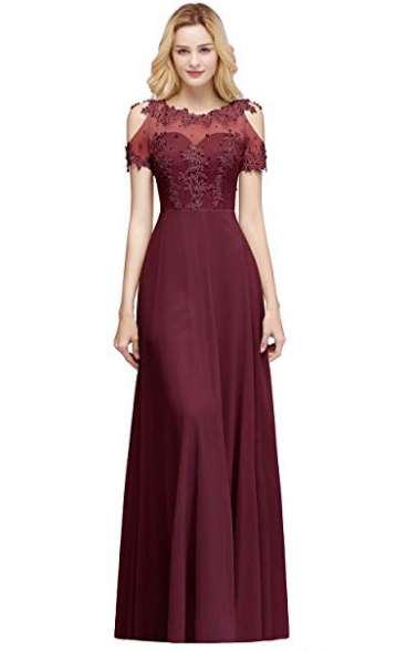 BMbridal Short Sleeve Lace Appliques Long Prom Party Dress