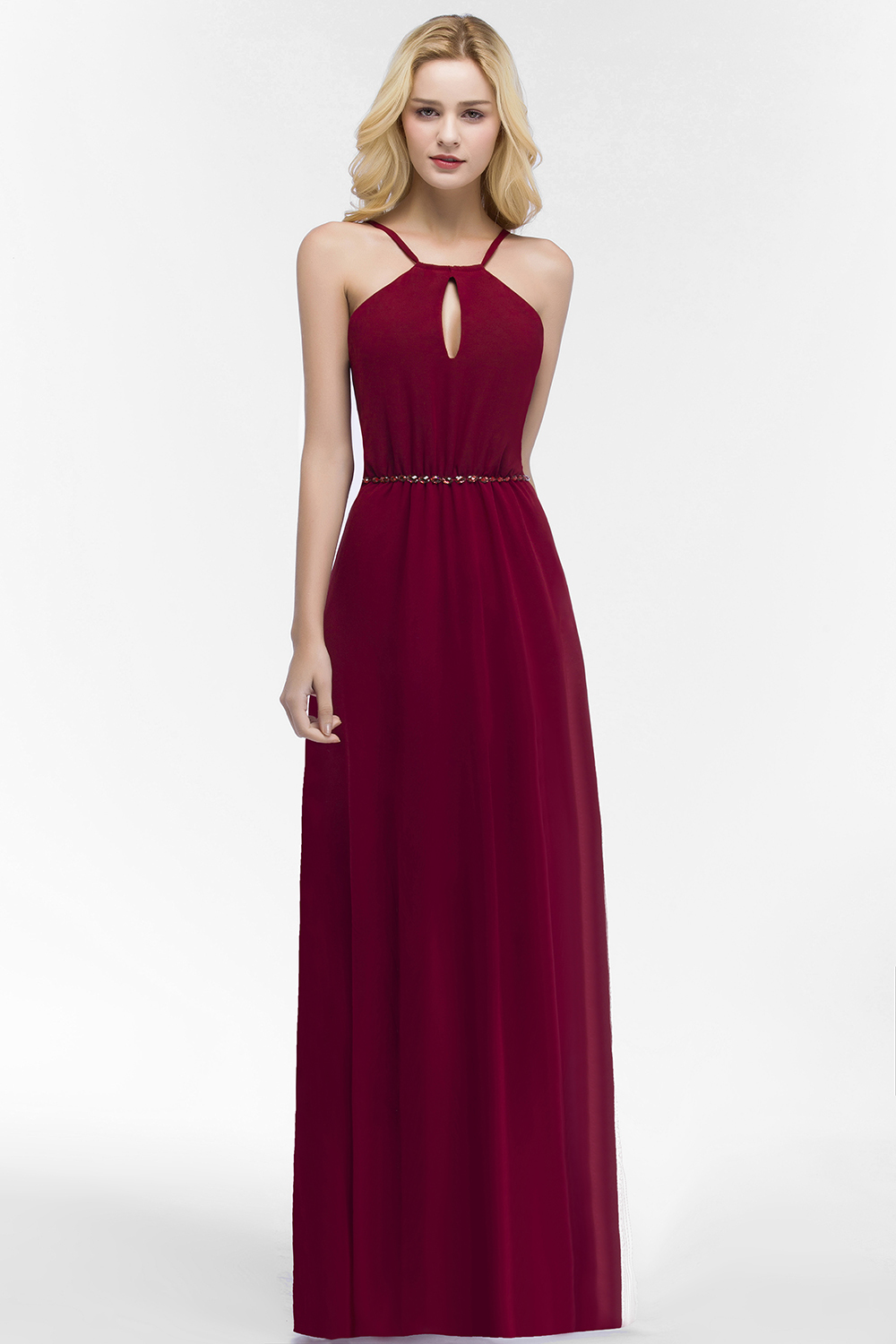 BMbridal Burgundy Spaghetti Straps Long Bridesmaid Dress with Beading Sash-BMbridal