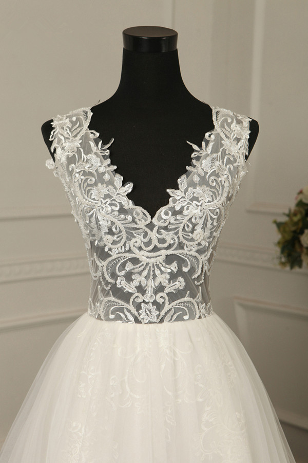 BMbridal Sexy V-Neck Sleeveless Tulle Wedding Dress See Through Top Appliques Bridal Gowns On Sale-BMbridal