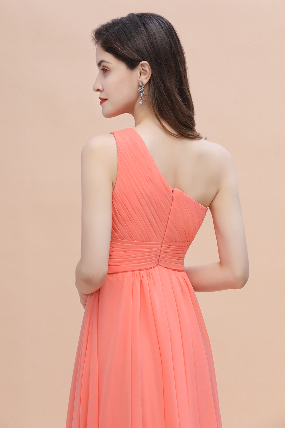 BMbridal Chic One-Shoulder Ruffles Chiffon Coral Bridesmaid Dresses On Sale-BMbridal