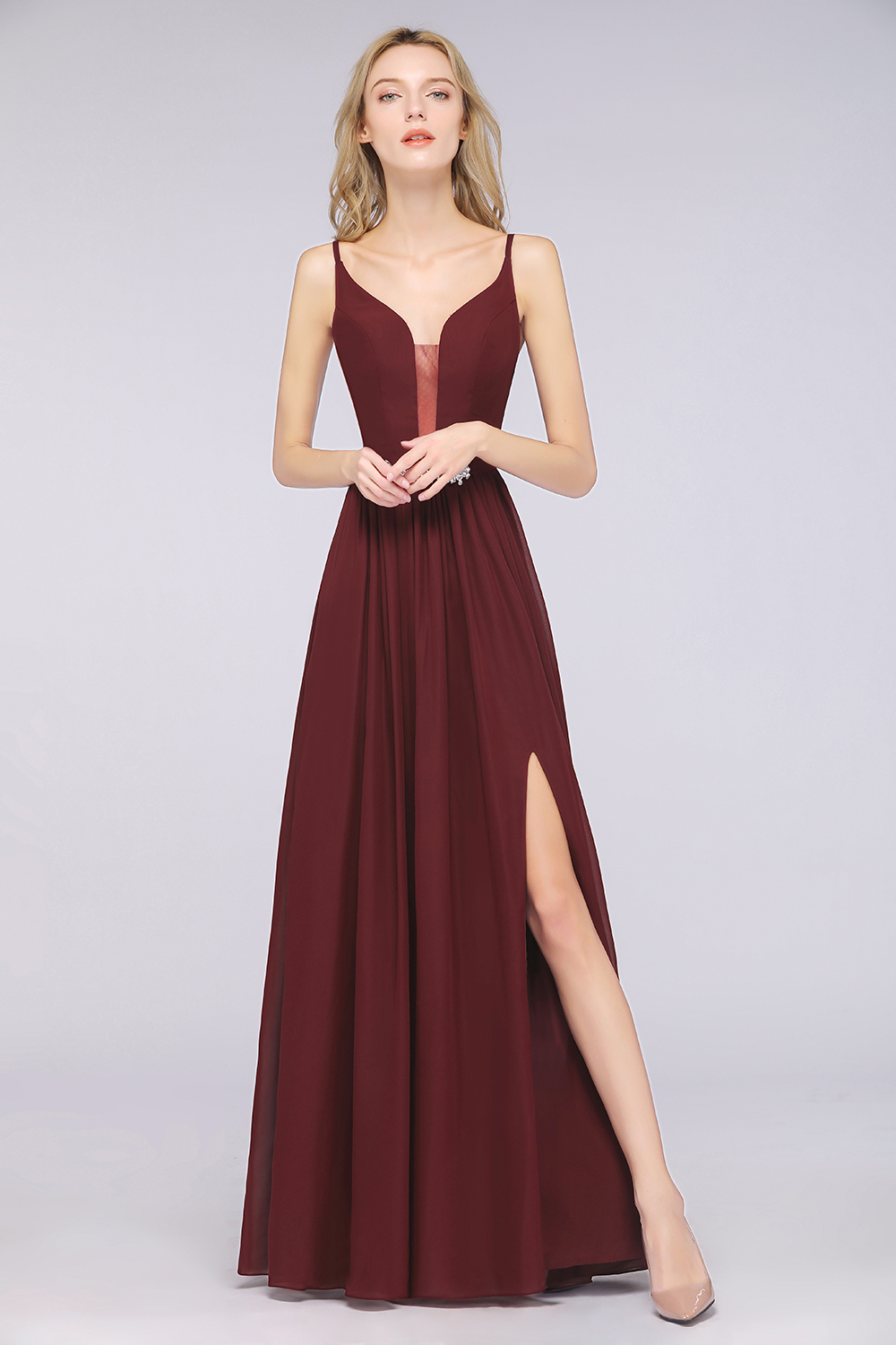 BMbridal Sexy Deep-V-Neck Appliques Burgundy Chiffon Bridesmaid Dress with Slit-BMbridal
