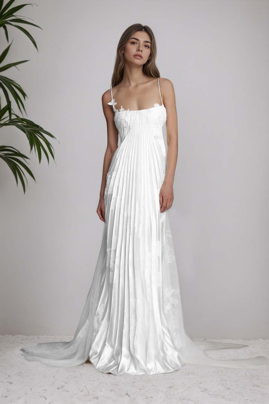Stain Spaghetti Strap Sleeveless Long Prom Dress With Appliques