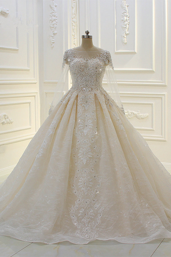 Elegant Beading Ball Gown Long Sleeves Bateau Wedding Dress with Appliques Lace