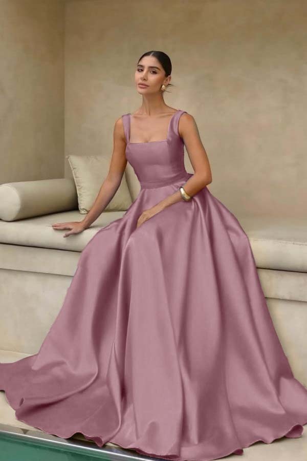 Stain Straps Sleeveless A Line Long Prom Dress With Pleated