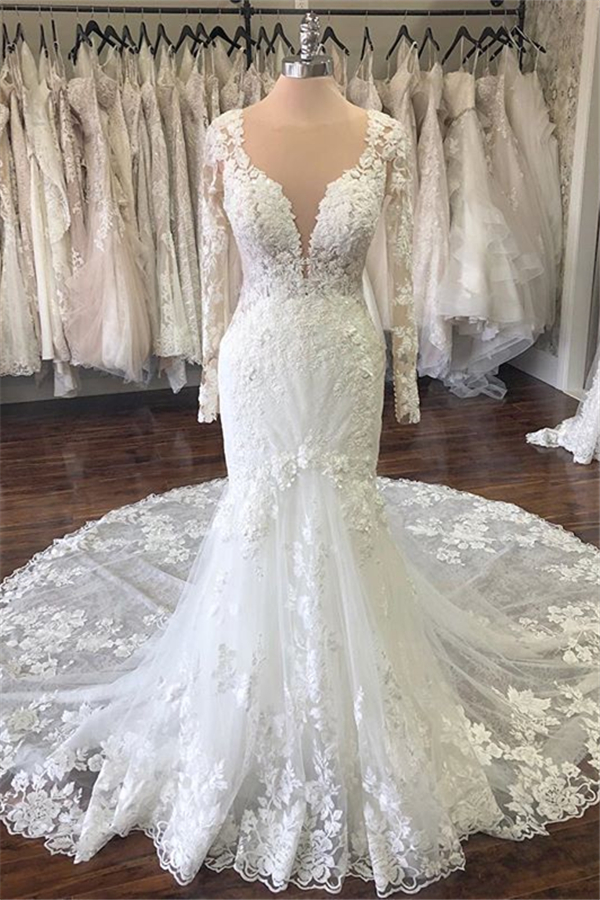 BMbridal Elegant Jewel Longsleeves Mermaid Wedding Dresses Tulle Ruffles Lace Bridal Gowns With Appliques On Sale-BMbridal