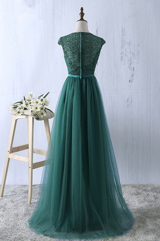 BMbridal Elegant Dark Green Tulle Jewel Prom Dresses Sleeveless with Appliques Online