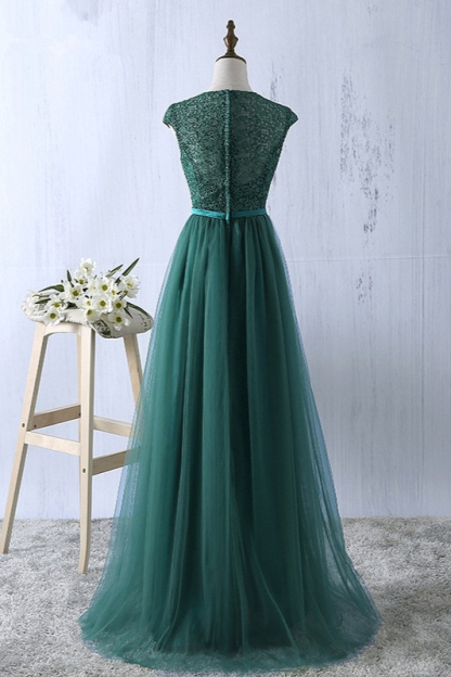 BMbridal Elegant Dark Green Tulle Jewel Prom Dresses Sleeveless with Appliques Online