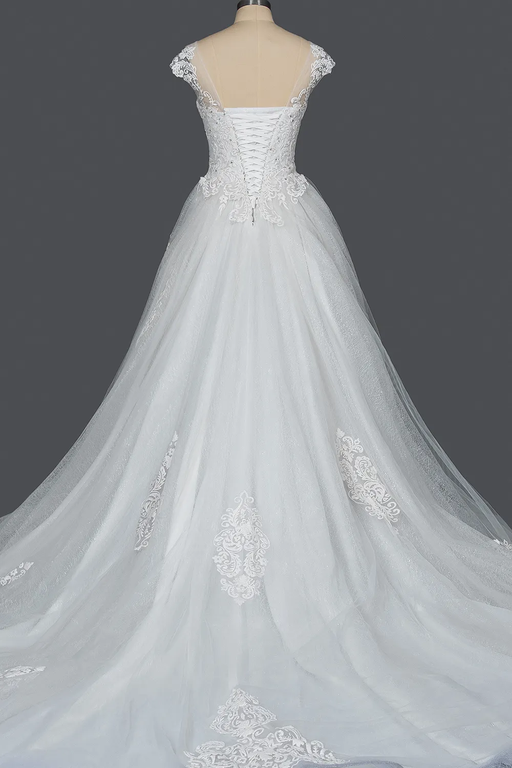 Stunning Cap Sleeve Ball Gown Sheer Tulle Wedding Dress with Lace V-Neck