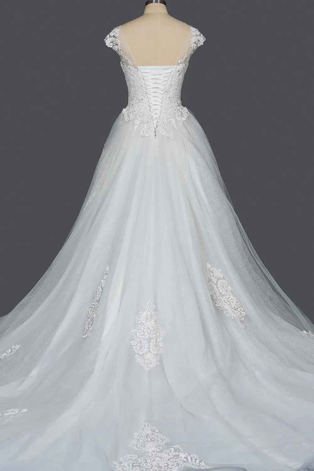 Stunning Cap Sleeve Ball Gown Sheer Tulle Wedding Dress with Lace V-Neck