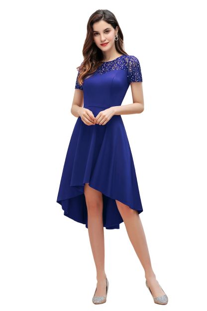 BMbridal Lovely Jewel Satin Sequins Bridesmaid Dress Short Sleeve Burgundy Cocktail Dress