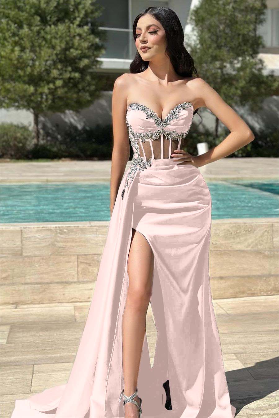 Stunning Black Strapless Sleeveless Long Split Pleated Prom Dress With Beading