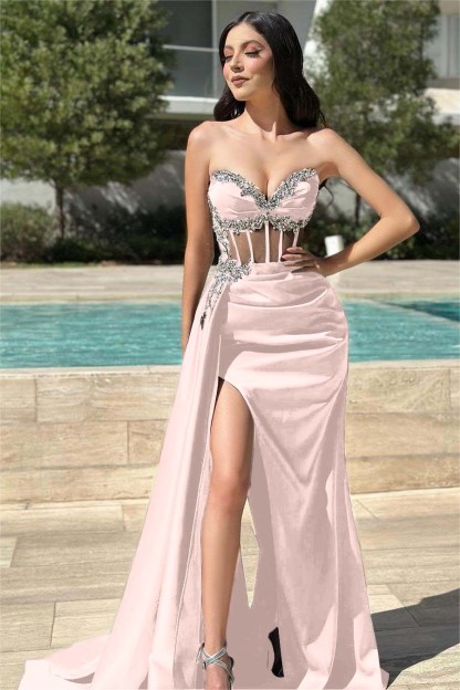 Stunning Black Strapless Sleeveless Long Split Pleated Prom Dress With Beading
