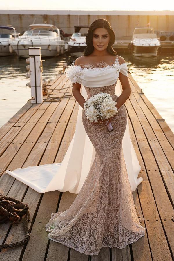 Bmbridal Off-the-Shoulder Wedding Dress Mermaid Lace With Cape-BMbridal
