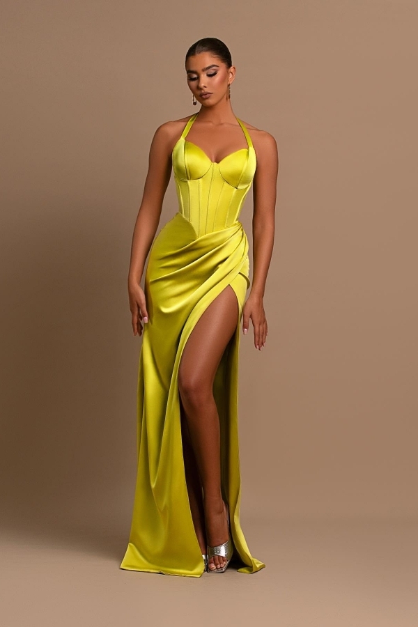 Fashionable Yellow Halter Neck Mermaid Side Split Prom Dress With Plea
