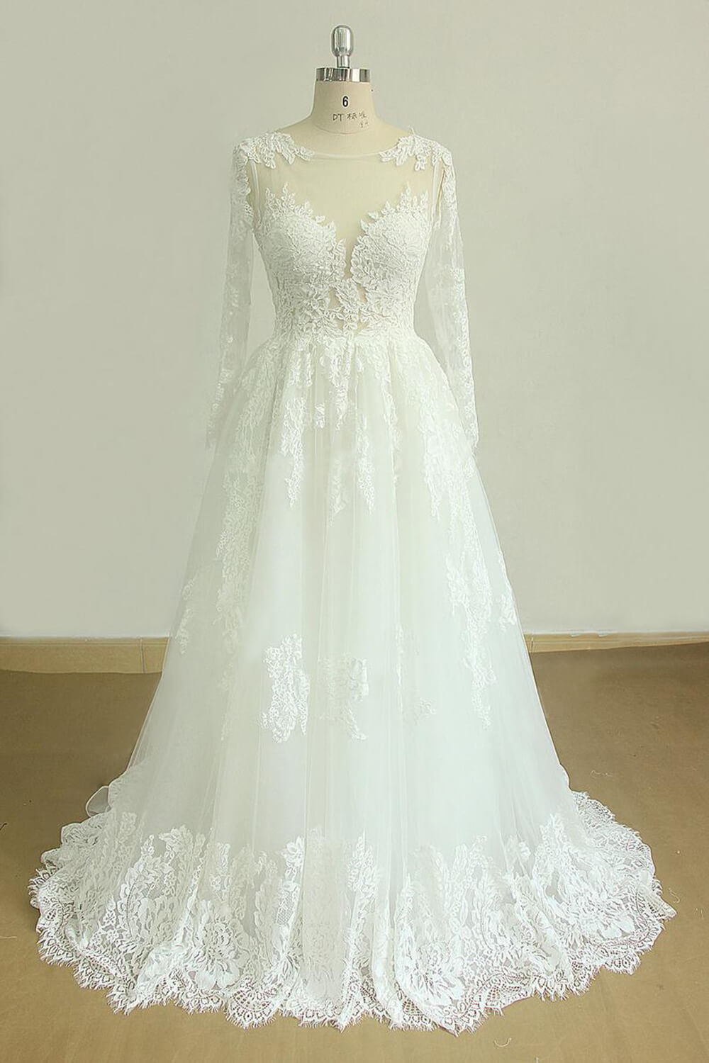 BMbridal Gorgeous Longsleeves White Appliques Wedding Dress Tulle Lace Jewel Bridal Gown On Sale