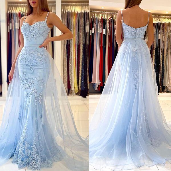Bmbridal Sky Blue Spaghetti-Straps Prom Dress Mermaid With Lace Appliques