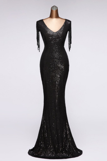 BMbridal Elegant V-Neck Beading Long Mermaid Prom Dresses with Short Sleeves Online