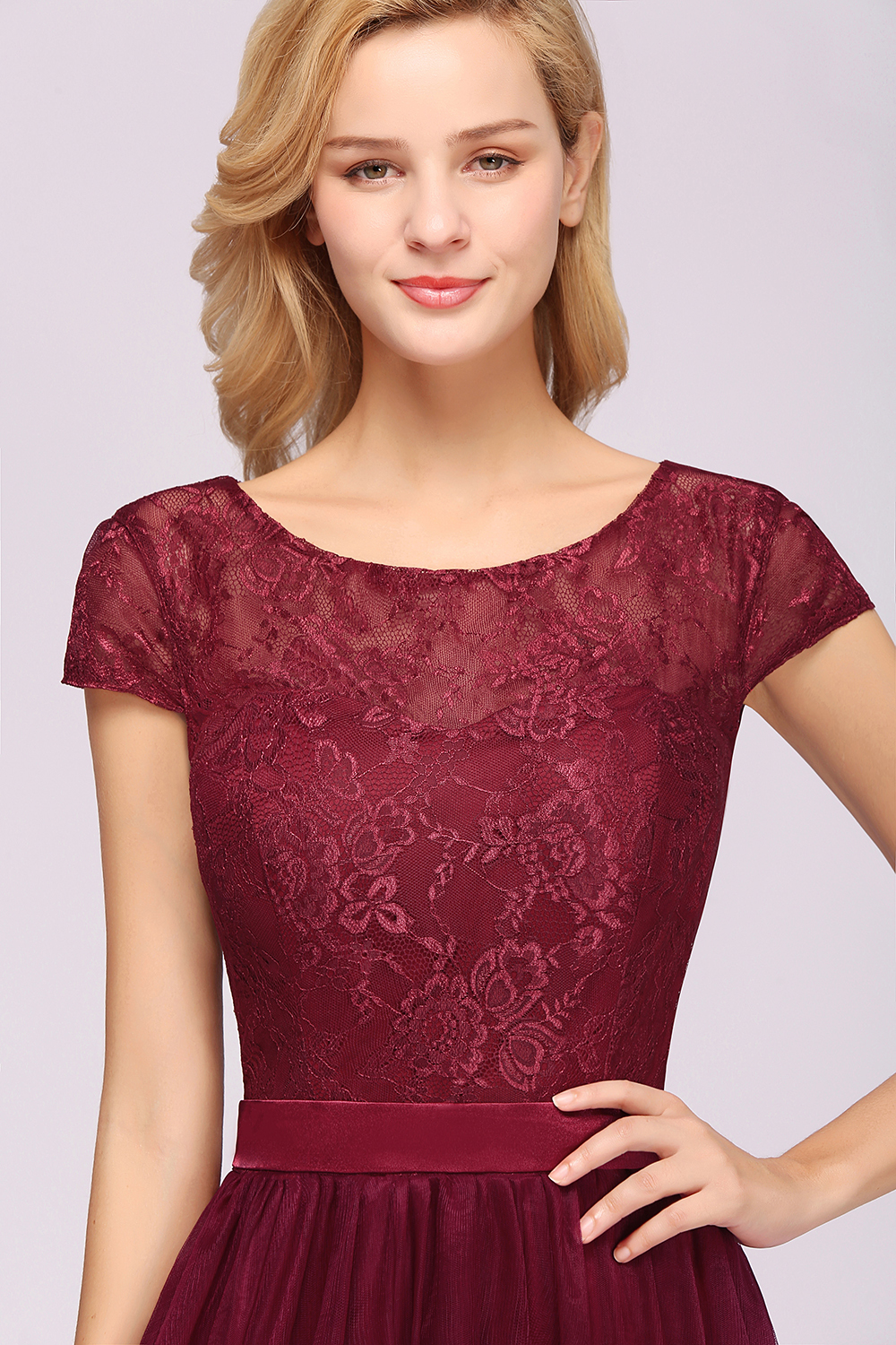 BMbridal Elegant Lace Cap Sleeves Burgundy Bridesmaid Dresses Affordable-BMbridal