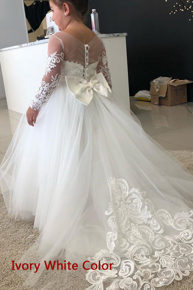 BMbridal Long Sleeve Tulle Lace Flower Girl Dress With Bowknot-BMbridal