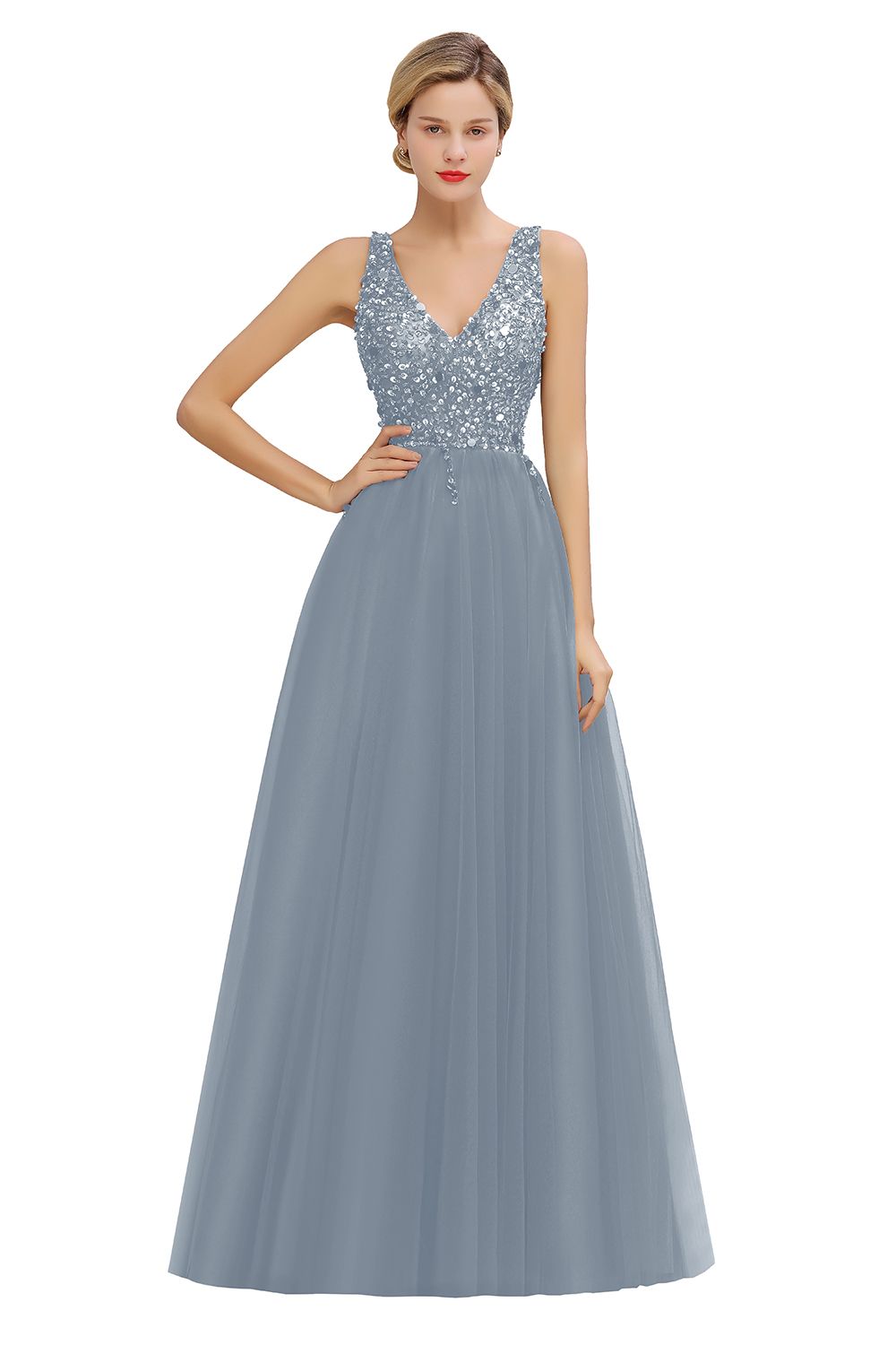 BMbridal Glamorous V-Neck Sleeveless Prom Dress Long Tulle Evening Gowns With Crystals