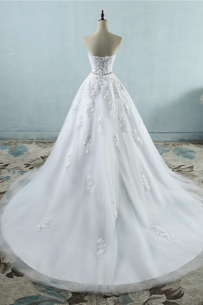 BMbridal Sexy Strapless Sweetheart Tulle Wedding Dress Sleeveless Appliques Bridal Gowns with Beadings Sash-BMbridal