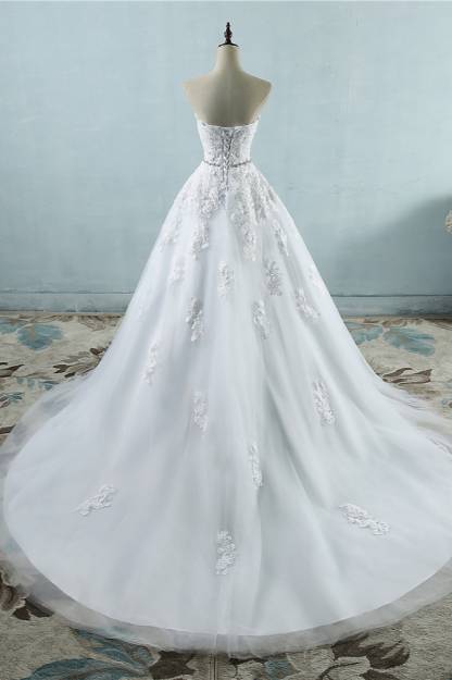 BMbridal Sexy Strapless Sweetheart Tulle Wedding Dress Sleeveless Appliques Bridal Gowns with Beadings Sash-BMbridal