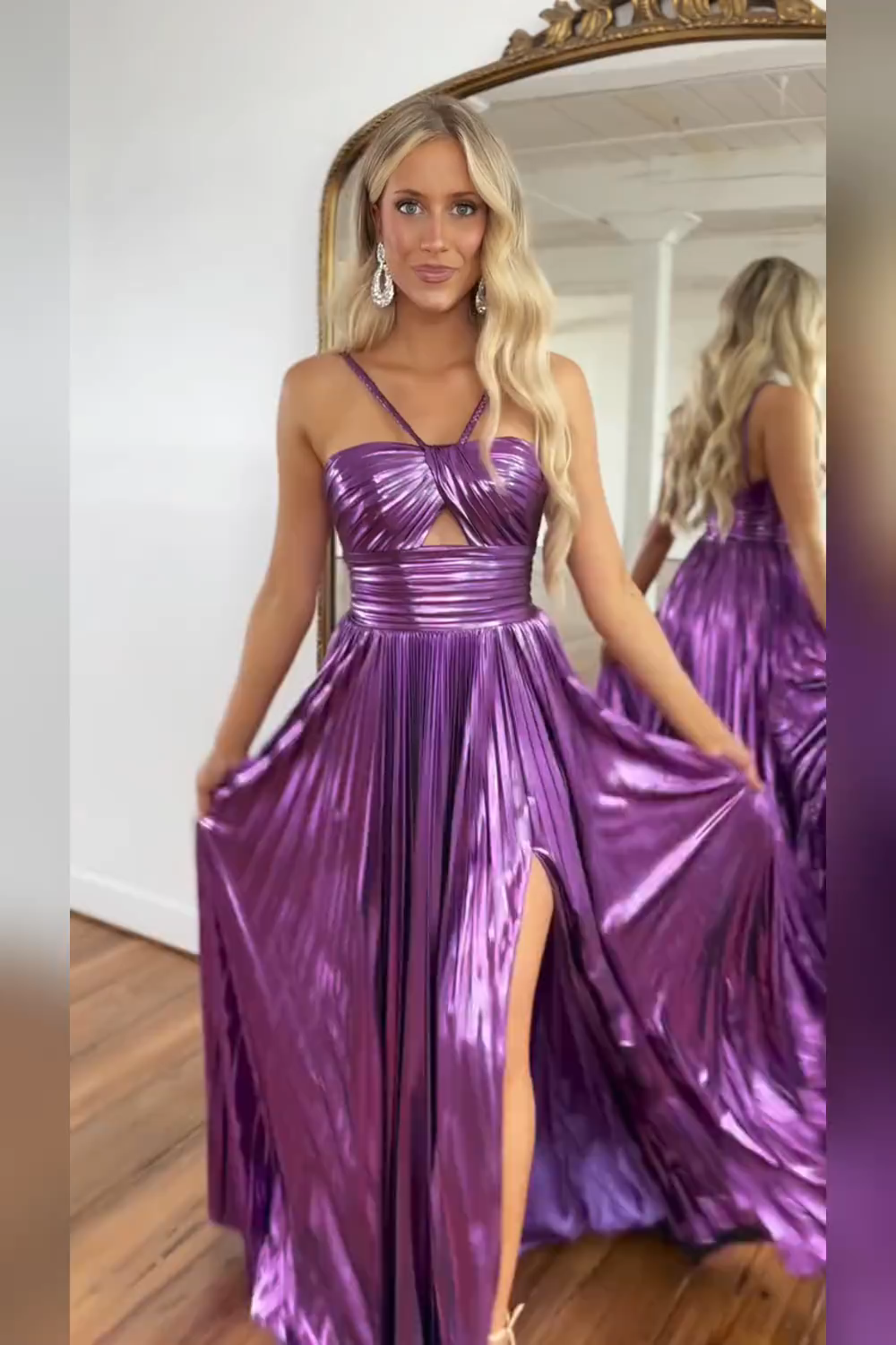 Sparkly Golden A Line Halter Neck Long Prom Dress with Keyhole Slit