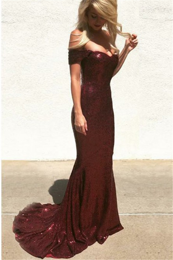 BMbridal off-the-Shoulder Burgundy Sequins Prom Dress Mermaid
