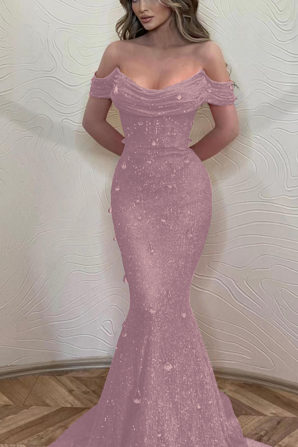 Orange Off the Shoulder Strapless Sleeveless Prom Dress With Sequins Mermaid