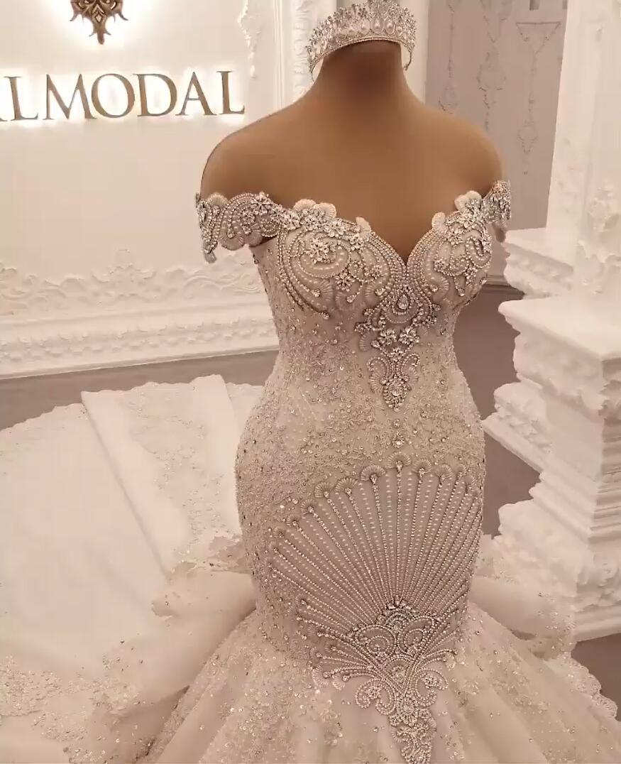 Gorgeous Floor-Length Backless Mermaid Off-The-Shoulder Wedding Dress with Crystal