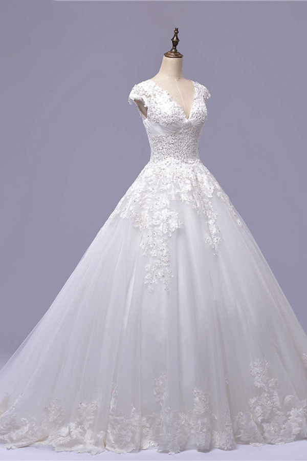 BMbridal Gorgeous V-neck A-line Tulle Wedding Dresses Appliques White Shortsleeves Bridal Gowns On Sale-BMbridal