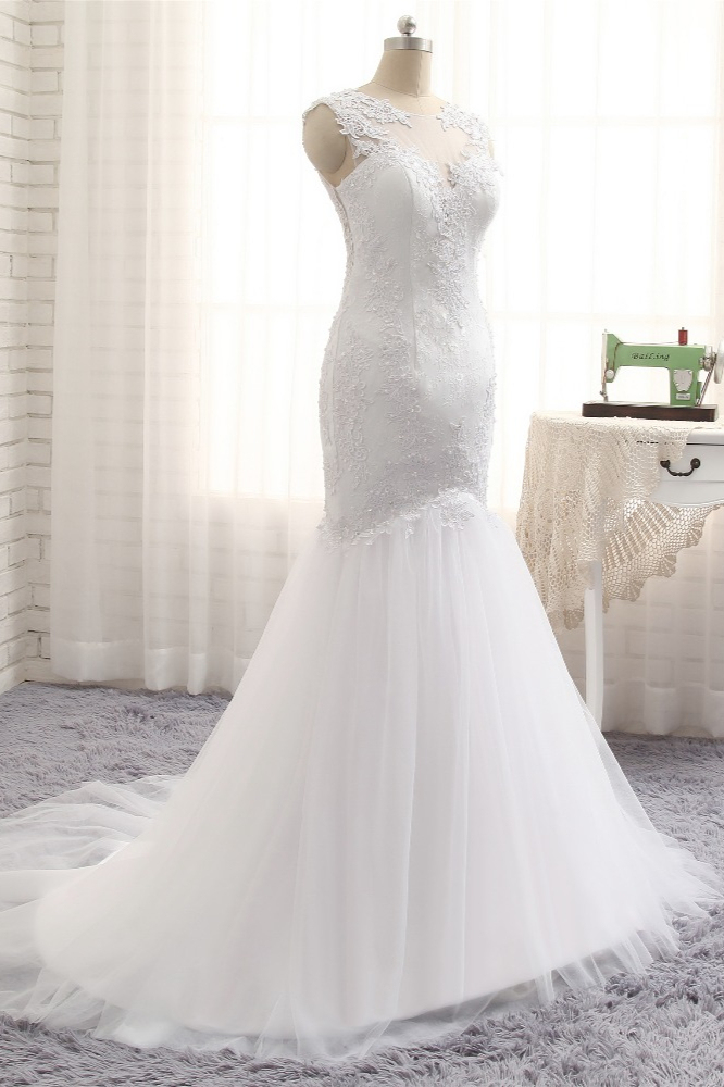 BMbridal Glamorous Jewel Tulle Appliques Wedding Dress Lace Sleeveless Mermaid Bridal Gowns Online