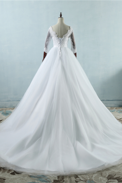 BMbridal Elegant Jewel Tulle Lace Wedding Dress 3/4 Sleeves Appliques A-Line Bridal Gowns On Sale