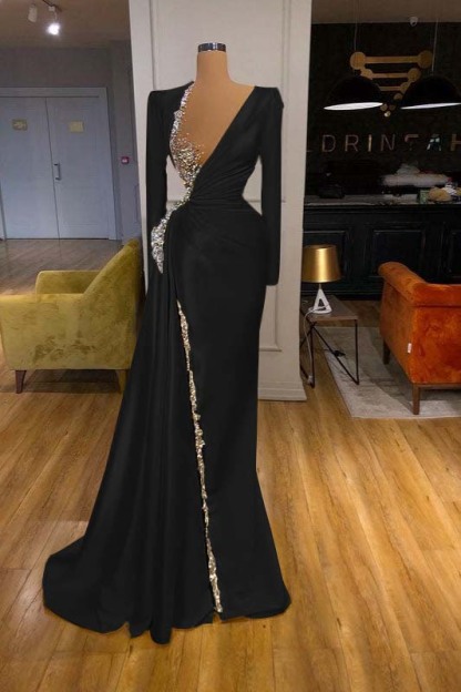 Charming Long Sleeves Yellow Split Long Prom Dress With Beadings Sequins