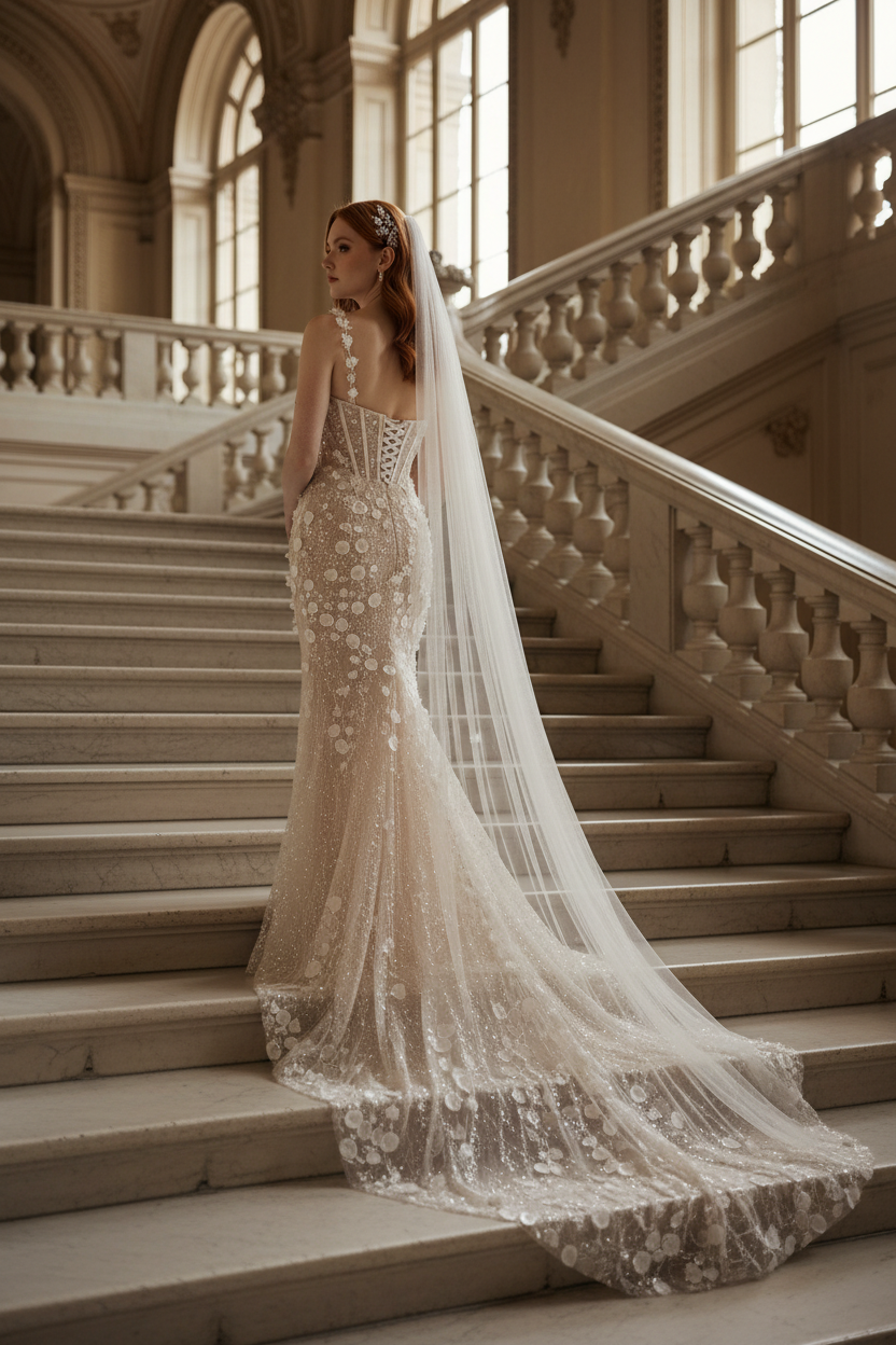 Champagne Mermaid Wedding Dress with 3D Floral Appliques and Beading