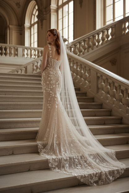 Champagne Mermaid Wedding Dress with 3D Floral Appliques and Beading