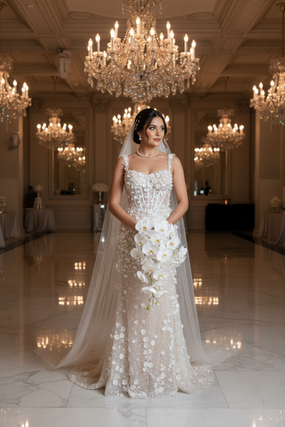 Champagne Mermaid Wedding Dress with 3D Floral Appliques and Beading