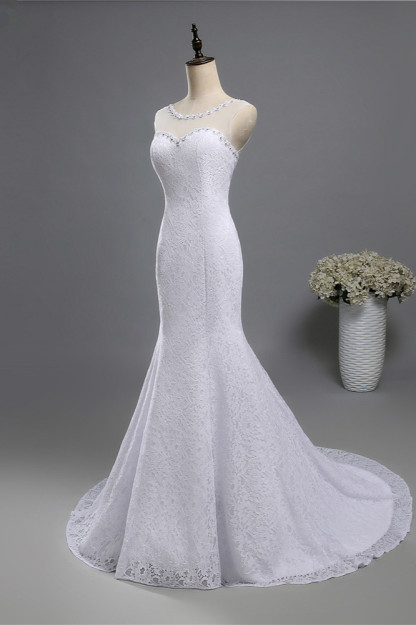 BMbridal Gorgeous Jewel Lace Mermaid Wedding Dress Sleeveless Appliques Bridal Gowns with Rhinestones-BMbridal