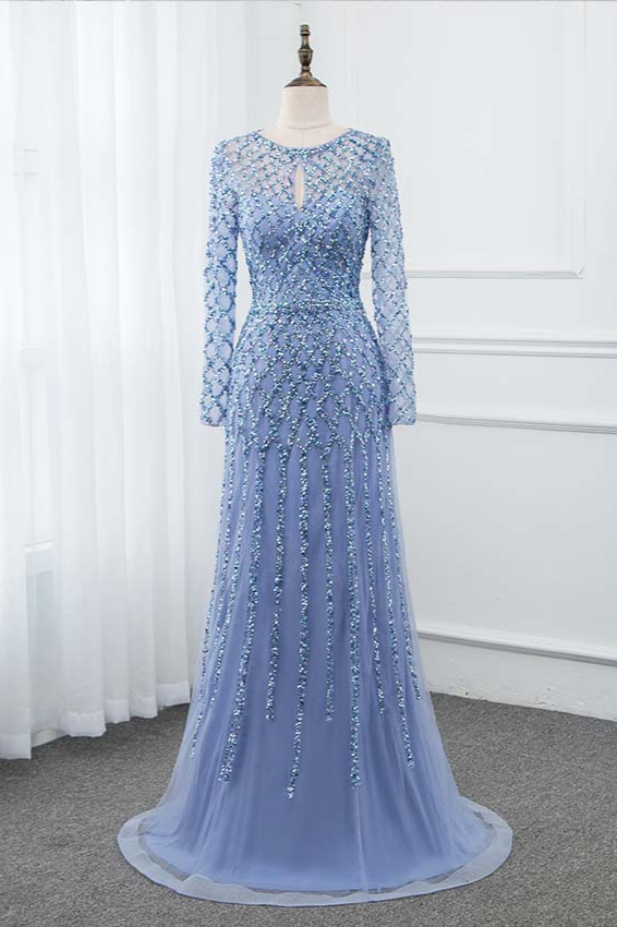 BMbridal Elegant Tulle Jewel Rhinestones Prom Dresses with Long Sleeves