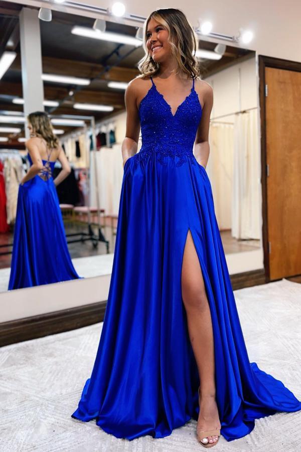 BMbridal V-Neck Sleeveless Long Prom Dress With Appliques Split-BMbridal