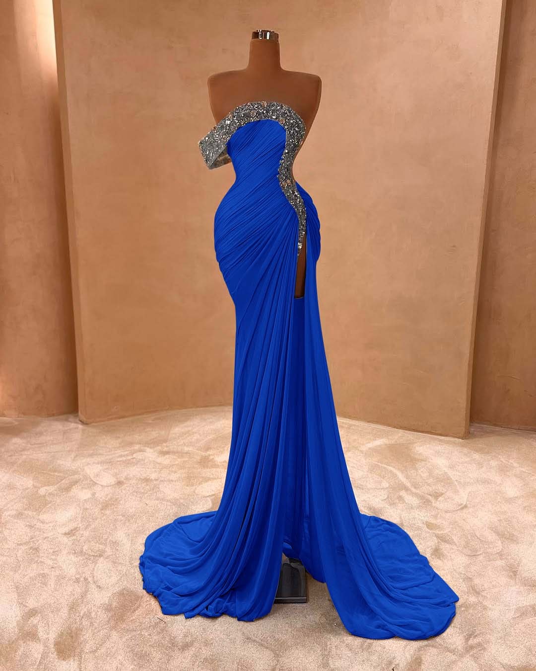 One Shoulder Sleeveless Long Split Prom Dress With Pleated Sequins