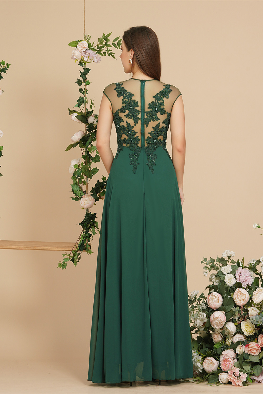 Bmbridal Dark Green Cap Sleeves Prom Dress A-Line With Appliques