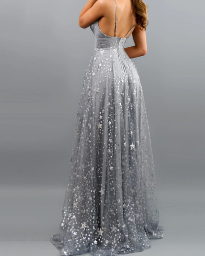 Bmbridal Dusty Blue V-Neck Long Prom Dress Sleeveless With Sequins