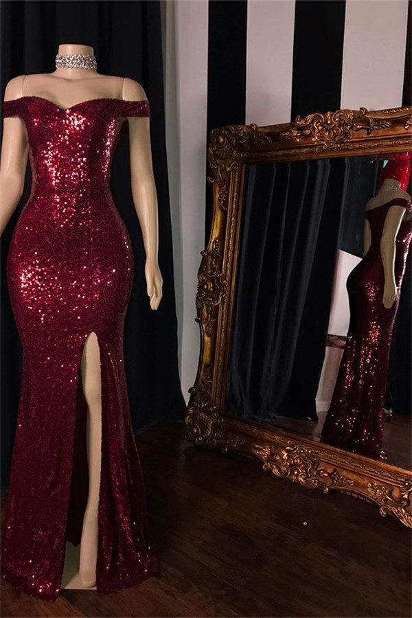Bmbridal Burgundy Sequins Long Prom Dress Mermaid