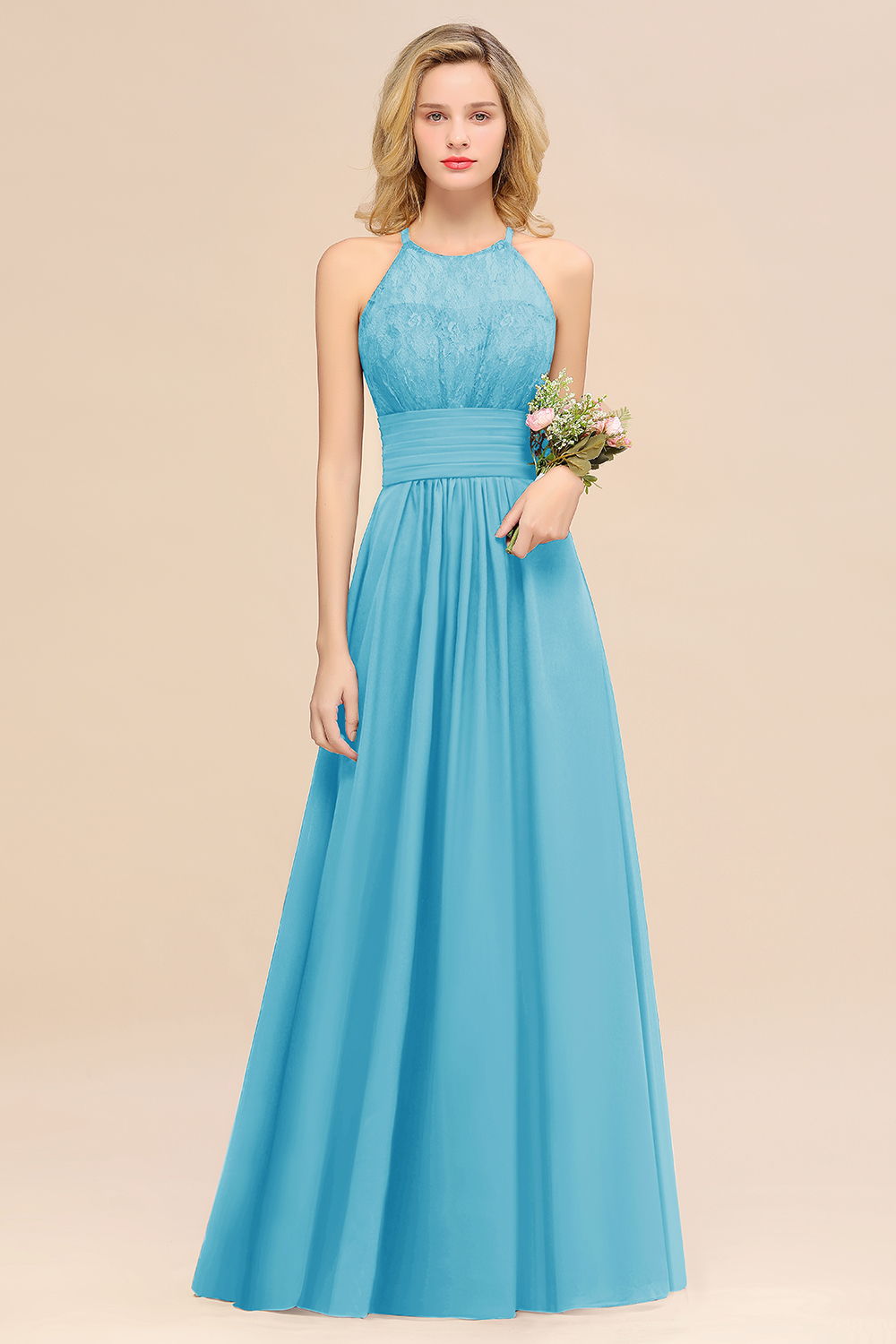 BMbridal Elegant Halter Ruffles Sleeveless Grape Lace Bridesmaid Dresses Affordable-BMbridal