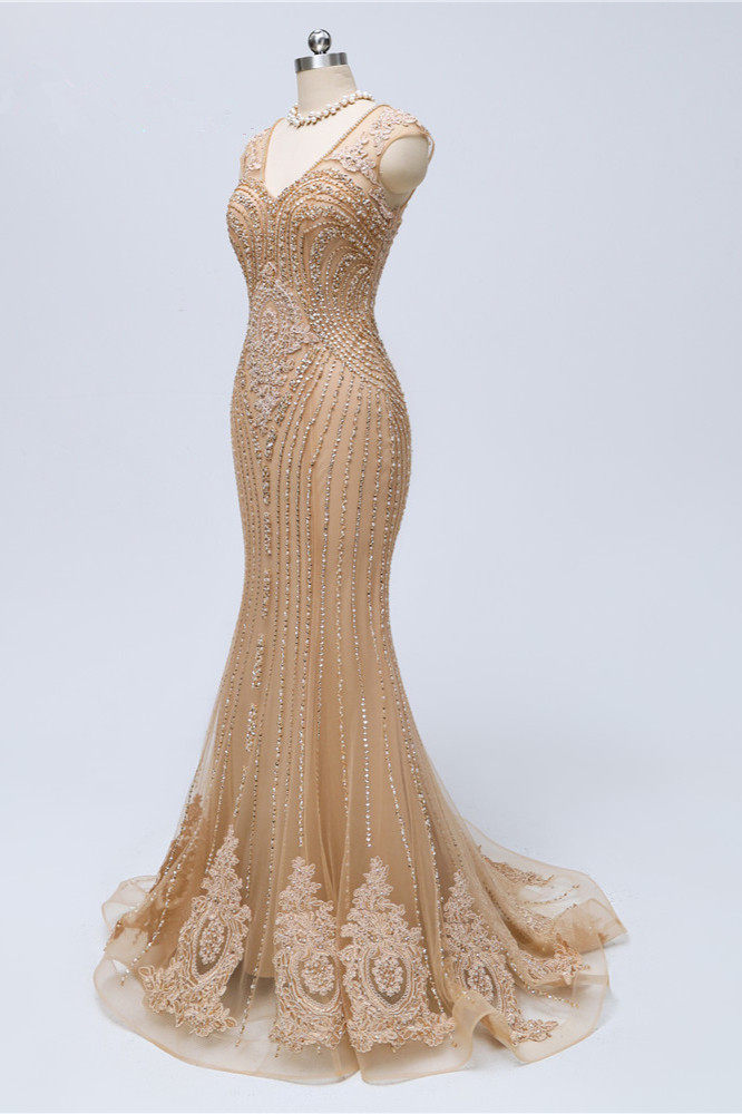 BMbridal Chic V-Neck Sleeveless Mermaid Prom Dresses with Appliques Beadings