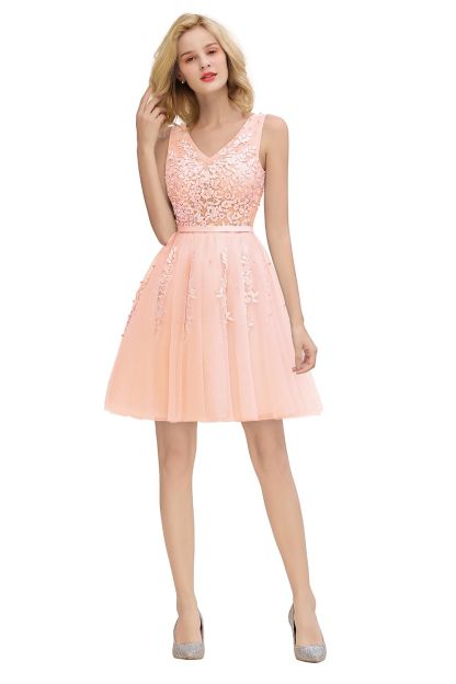 BMbridal Elegant V-Neck Sleeveless Short Prom Dress Mini Homecoming Dress With Lace Appliques