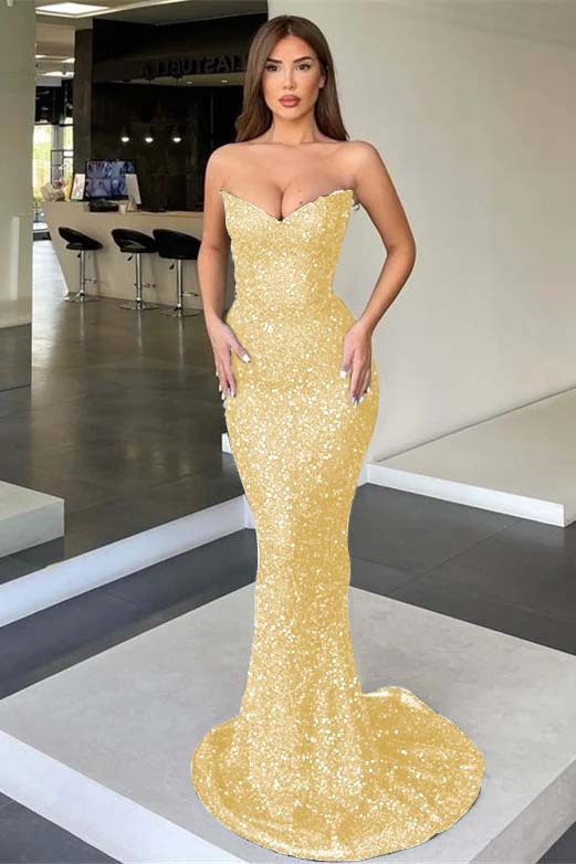 Black Strapless Sleeveless Long Mermaid Prom Dress With Sequins