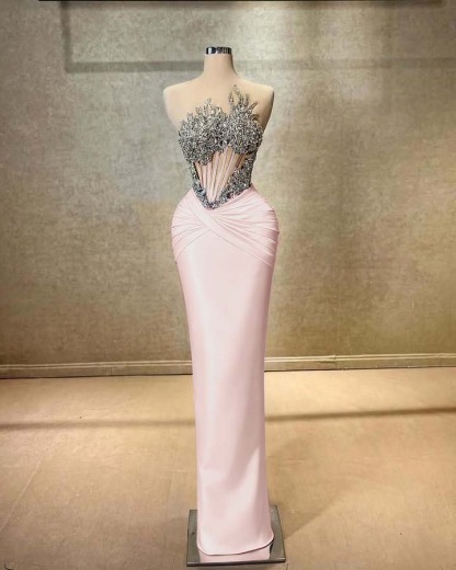 Strapless Sleeveless Long Mermaid Prom Dress With Beading Pleated